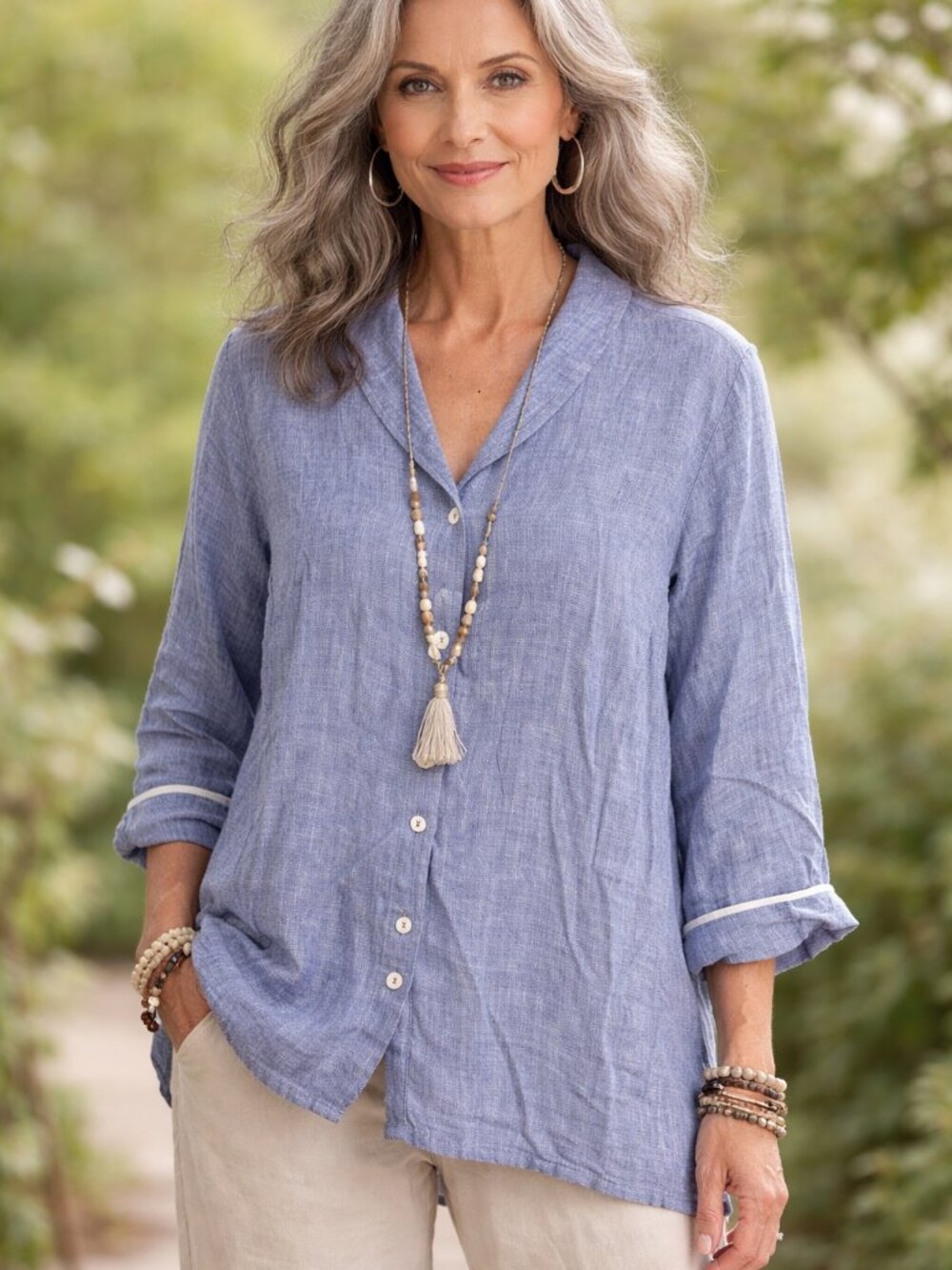Flax Blue 100% Linen Langenlook  Button Down Oversized‎ Top Sz L